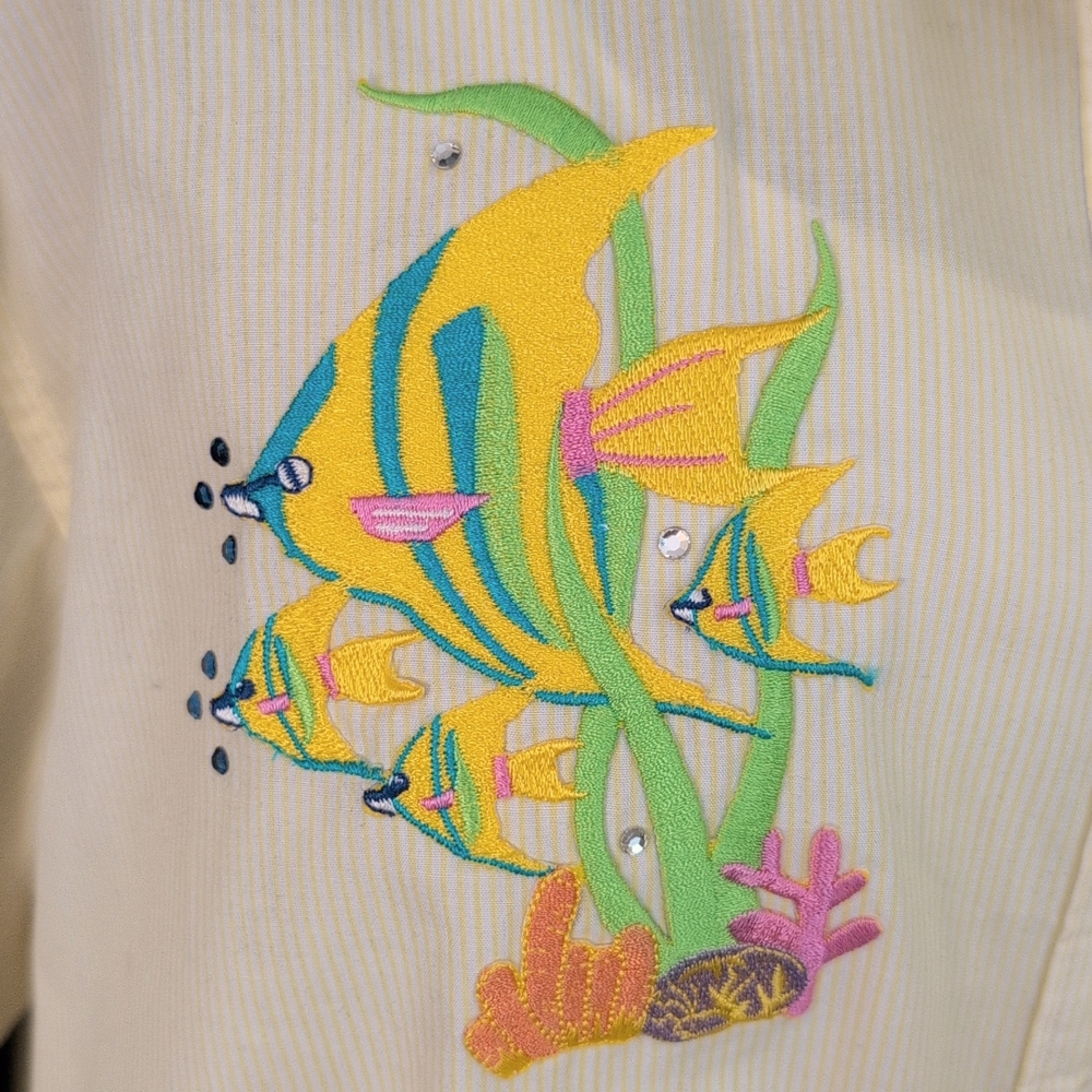 White and Butter Yellow Pinstriped Button-Up Shirt with Fish Embroidery - Picture 8 of 10